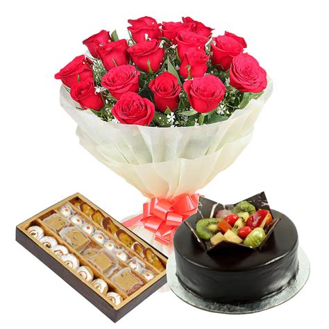 Online 15 Red Roses, 1 Kg Chocolate Fruit cake and 1 Kg mixed sweets ...