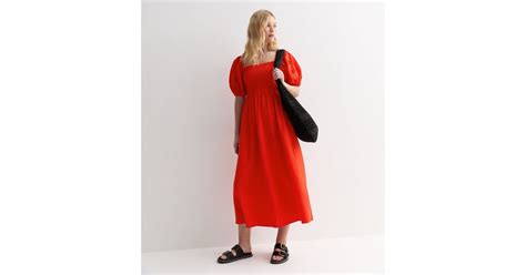 Red Square Neck Embroidered Puffed Sleeve Midi Dress | New Look