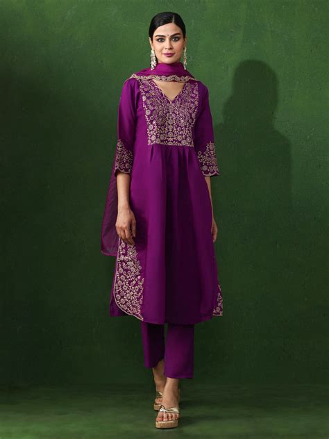 Floral Embroidered A-Line Chanderi Silk Kurta & Trousers Sets - Jaipur ...