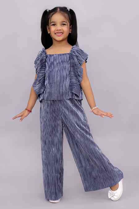 Buy Blue Polyester Glam Up Pleated Top And Pant Set For Girls by Lil ...