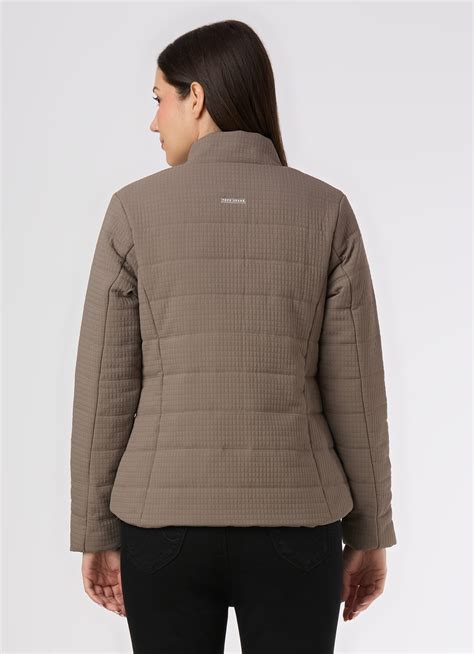 Women Grey Regular Fit High Neck Quilted Jacket | Pepe Jeans India