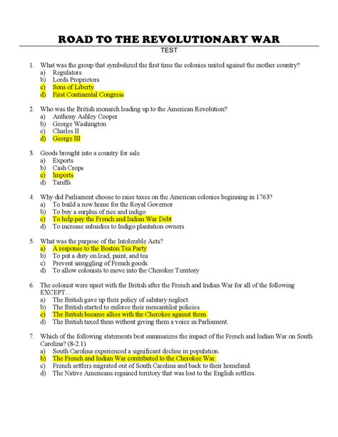 The Road to Revolution Worksheet with Key | Exercises History | Docsity