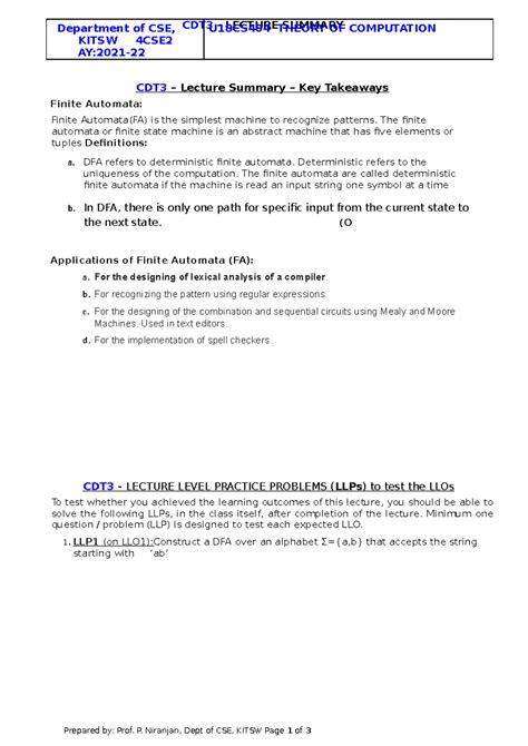 TOC3 - Important and Main Topics of TOC - CDT3 - LECTURE SUMMARY CDT3 ...
