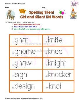 Spelling Silent GN and KN Words Worksheet | Words, Worksheets, Dot letters