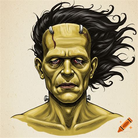 An illustration of Frankenstein's monster with green skin, scars, bolts, and tears flowing from ...