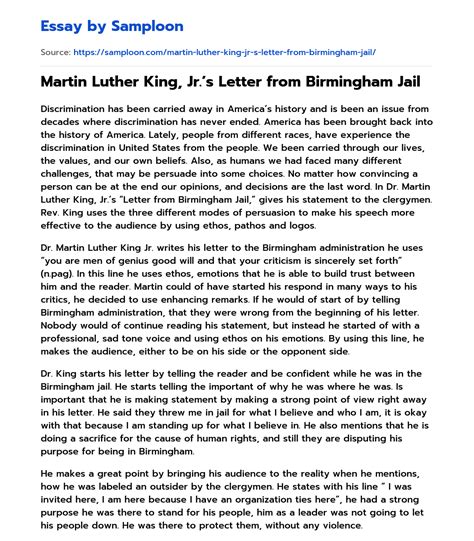 Martin Luther King, Jr.’s Letter from Birmingham Jail Free Essay Sample ...