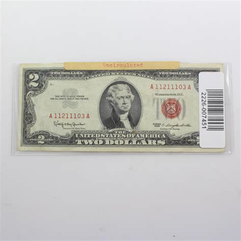 1963 Series United States Red Seal $2 Dollar Bill | Property Room