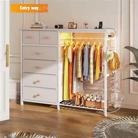EnHomee White Dresser with Clothes Rack, 6 Fabric Drawers, LED Light ...