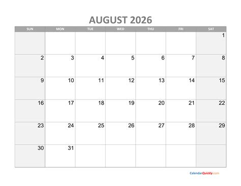 August Calendar 2026 with Holidays | Calendar Quickly