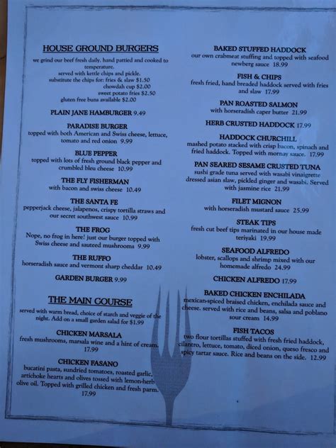 Menu at Parkside & Main restaurant, Rangeley