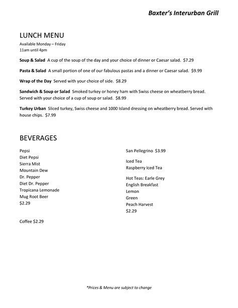 Menu at Baxter's Interurban Grill pub & bar, Tulsa