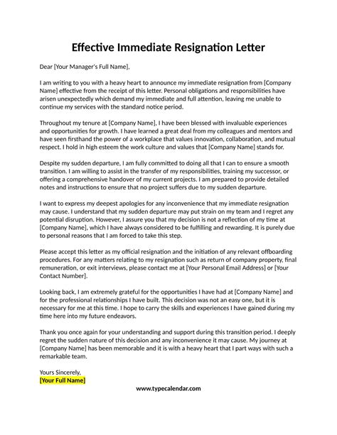 Resignation Letter Sample Effective Immediately