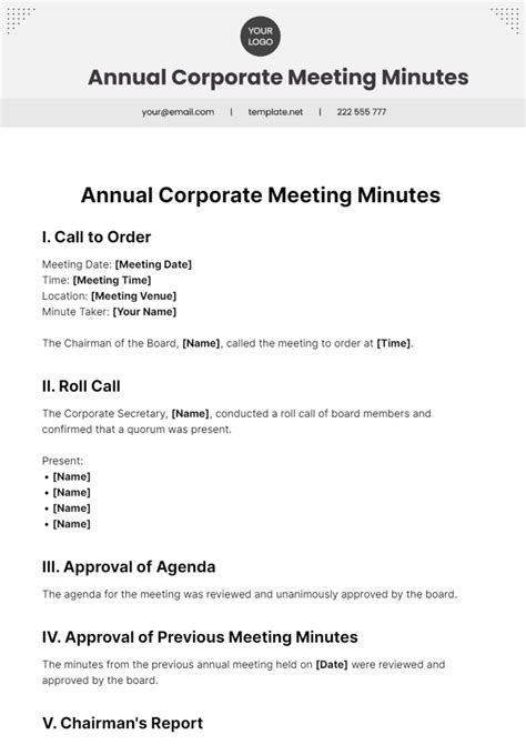 Free Shareholder Meeting Minutes Templates, Editable and Printable