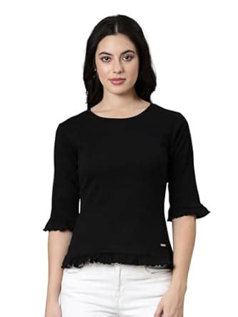 Buy TWIN BIRDS Regular Round Neck Black Coloured Cotton Ruffle Tops ...