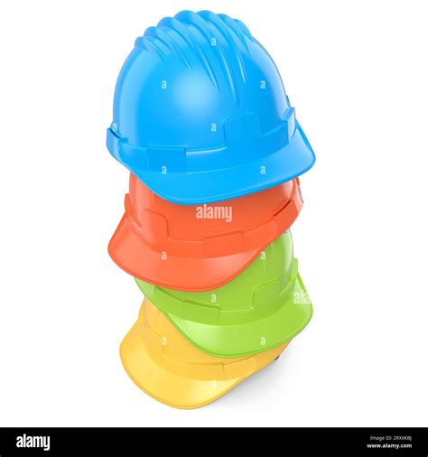 Stack of safety helmets or hard caps on white background. 3d render and ...