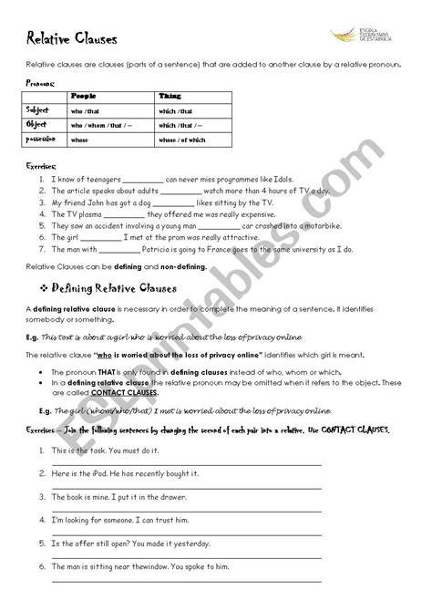 Defining and Non Defining Relative Clauses Worksheet 的图像结果