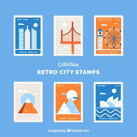 City stamps collection in retro style | Free Vector