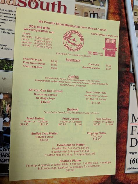 Menu at Jerry's Catfish House restaurant, Florence