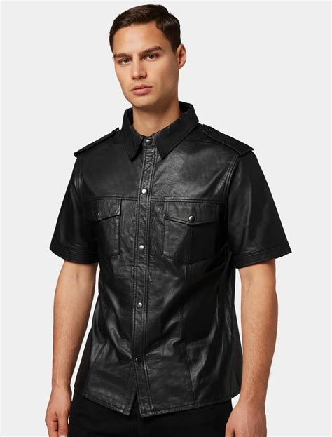 Men's Classic Black Leather Half Sleeve Shirt - Mens Leather Wear