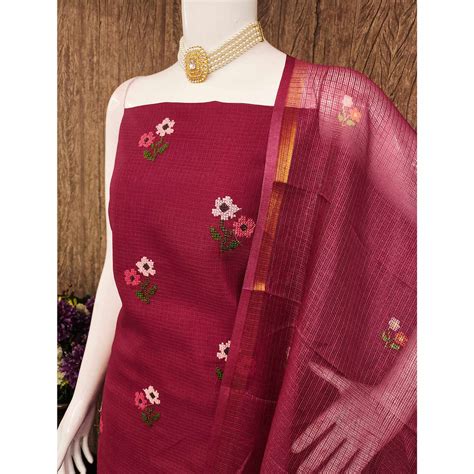 Unstitched Maroon Suit Set in Soft Kota Doria Adorned with Floral Embr