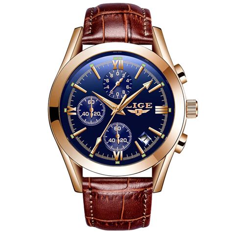 LIGE Chronograph Genuine Brown Leather Strap Rose Gold Case Blue Dial ...