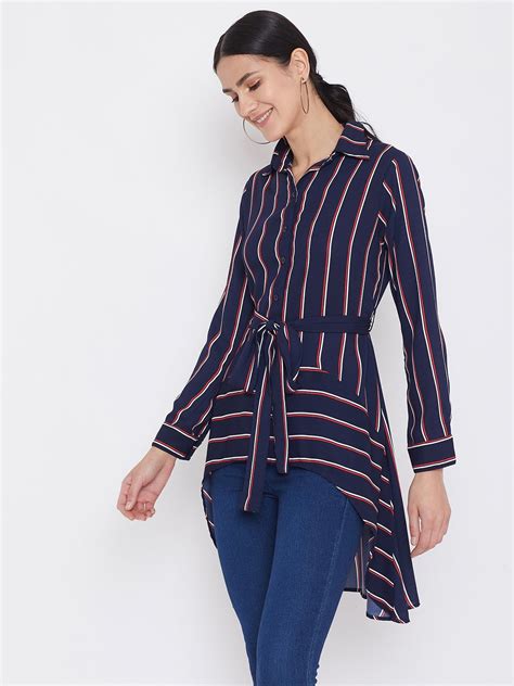 Berrylush Women Navy Blue & Red Striped Printed Collar Neck Waist Tie-