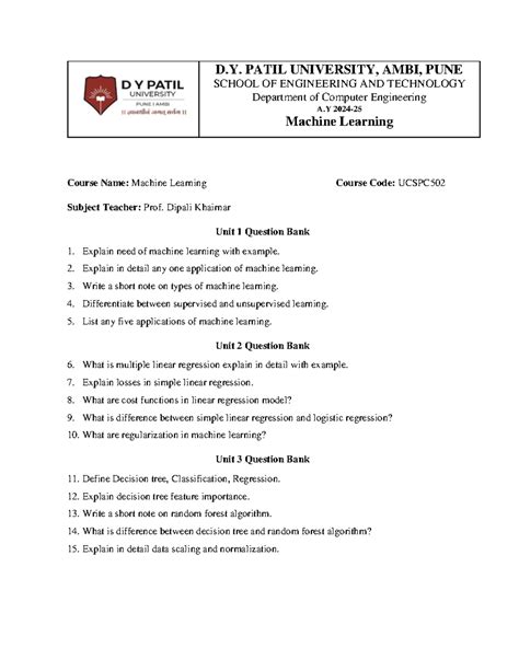 Machine Learning Unit Test 1 Question Bank - D. PATIL UNIVERSITY, AMBI ...