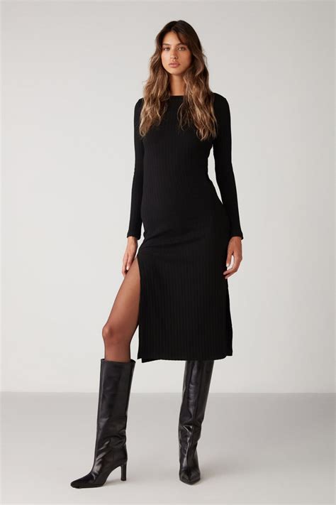 Siyah Orla Örme Slim Fit Midi Elbise - GRIMELANGE | ElbiseBul