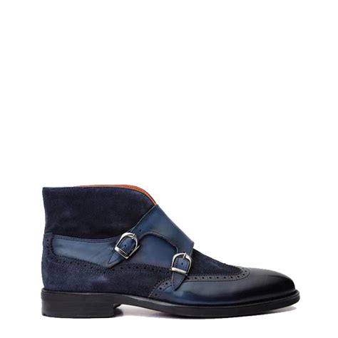 Blue Suede Leather Double Strap Monk Brogue Men Boot