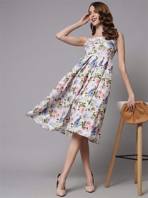 Emeros Women White Floral Print Square -Neck Front Pleates Flared Dress