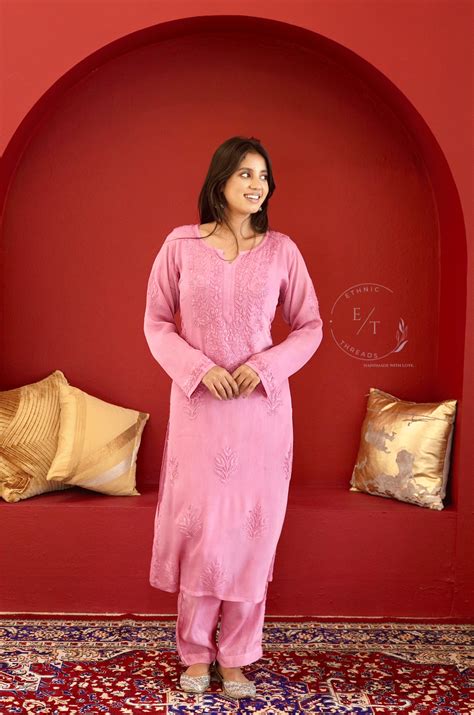 Gulmohar chinon chikankari 3 pc set in pink – Ethnic Threads