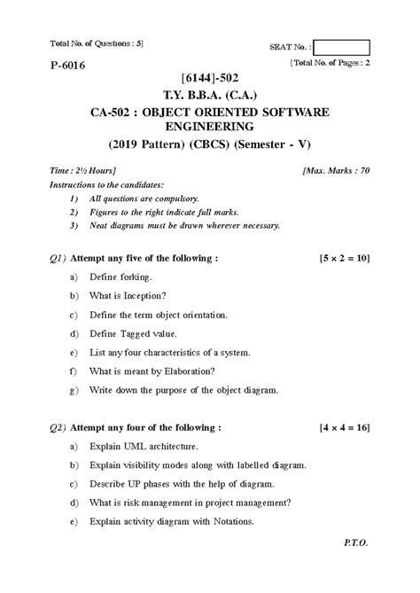 B.B.A (C.A) CA-502: Object Oriented Software Engineering Exam 2023 ...