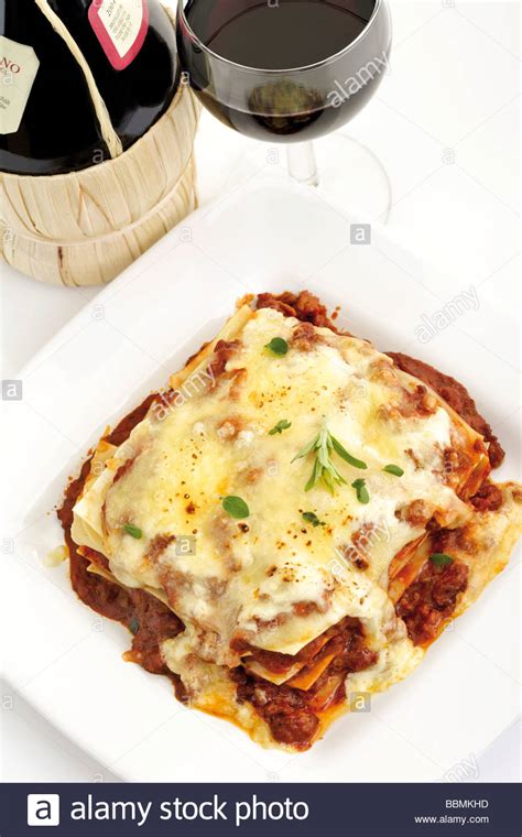 Lasagna with red wine Stock Photo, Royalty Free Image  