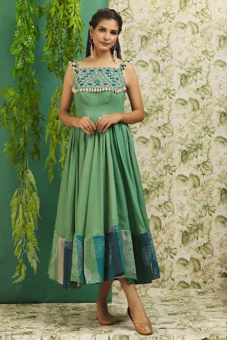 Buy Green Muslin, Silk Mirrors Square Neck Yoke Embroidered Midi Dress ...