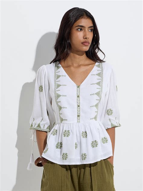 Buy LOV White Embroidered Peplum Top from Westside