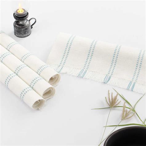 Set of 4 Woven Ribbed Placemats with Cameo Blue Stripes & Fringe