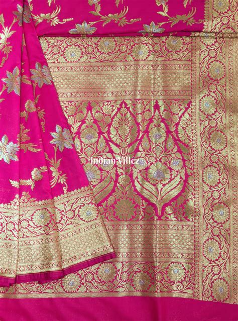 Pink Floral Design Banarasi Katan Saree – IndianVillèz