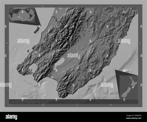 Wellington, regional council of New Zealand. Bilevel elevation map with lakes and rivers. Corner ...