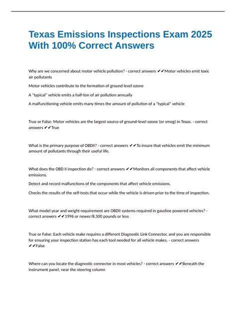 Texas Emissions Inspections Exam 2025 With 100% Correct Answers - Texas ...