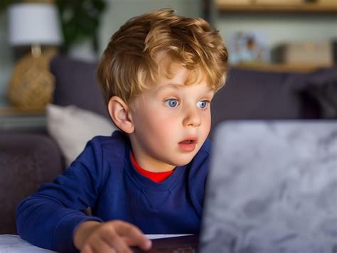 Student boy doing homework on computer for school in the living room ...