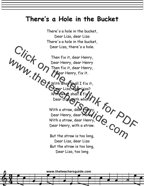 There's a Hole in the Bucket Lyrics, Printout, MIDI, and Video
