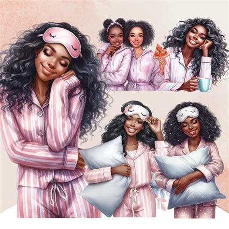 Pajama Party Black Girls Clipart, Black Woman Clipart, Watercolor Cozy Movie Time Clipart Bundle ...