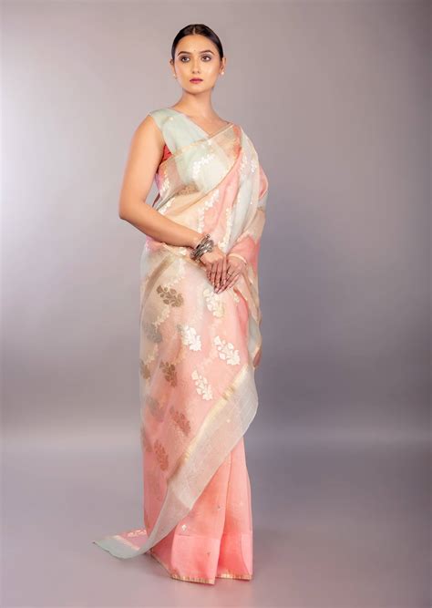 Pastel Organza Silk Saree with Pink and Blue Color Blocked Design
