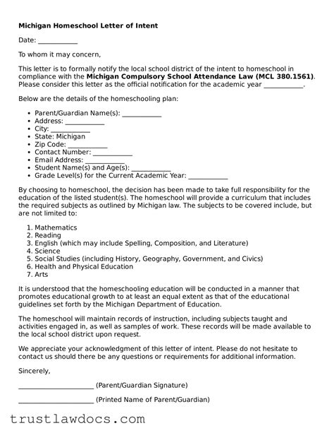 Free Michigan Homeschool Letter of Intent PDF Form > trustlawdocs.com
