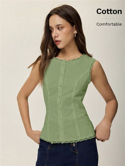 Poéselle Women's Solid Color Round Neck Lace Trim Waist Top, Suitable ...