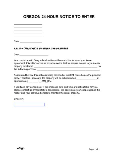 Fillable Online Oregon 24-Hour Landlord Notice to Enter Form - eForms ...