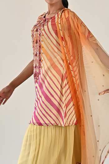 Buy Yellow Georgette Beads, Sequins Round Neck Chevron Pattern Kurta ...