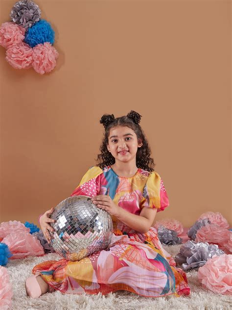 Buy Girl's Print Puff Sleeves Chiffon Fit & Flare Dress Online