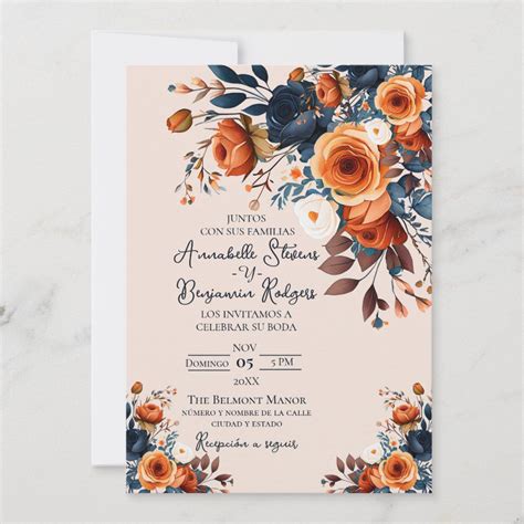 Rustic Burnt Orange and Blue Spanish Wedding Invitation | Zazzle in ...