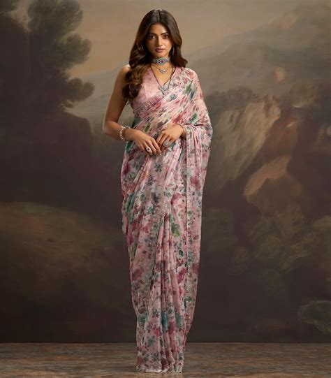 Dusty Pink Woven Blended Chiffon Saree With Printed Floral Motifs ...